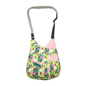 KAVU Criss Cross Neon Green & Pink Canvas & Rope Strap Shoulder Bag 15"X13"X5"